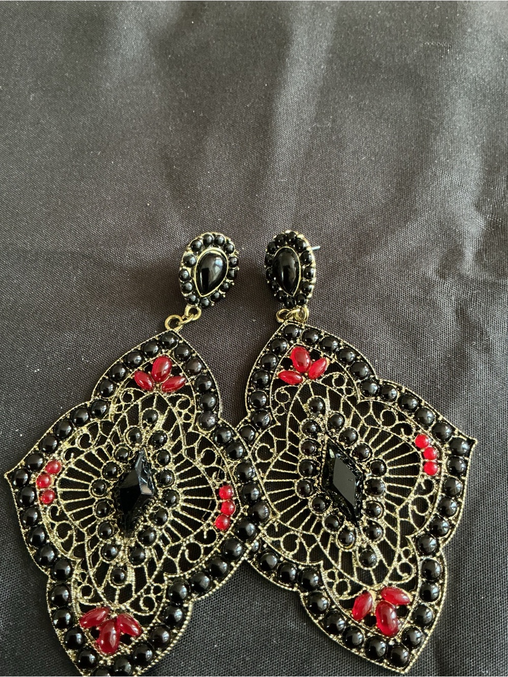 Black and Red Filigree Drop Earrings - Women Jewelry